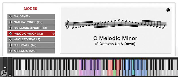 The Palette Runs & Arps GUI displays notation for the current scale run or arpeggio. Click the small icon in the top right corner, and you can drag and drop a MIDI file of the current performance into your DAW.