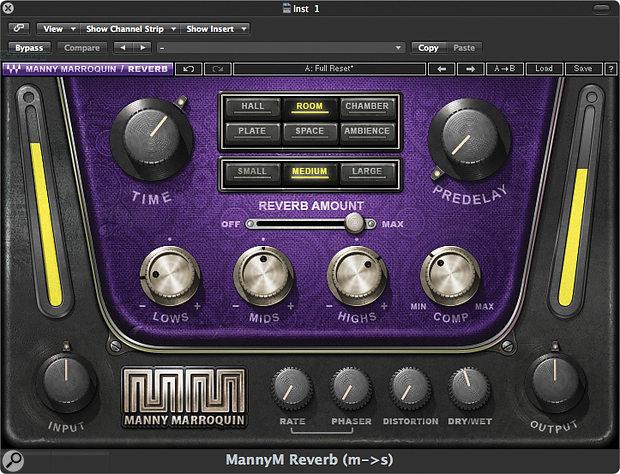 Many reverb plug-ins offer a  choice of algorithms, each emulating a  different type of space or mechanical response — room, plate, hall, chamber and so on.