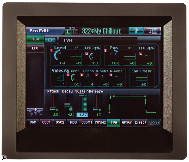 The V-Synth's 320 x 240 colour TFT touchscreen is central to the synth's operation, and is cleverly designed to display a great deal of information.