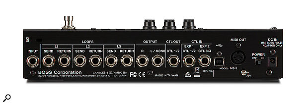 The MS-3 caters for up to three effects send/return loops, as well as two tap-tempo or expression pedals, and a control output for amp channel switching.