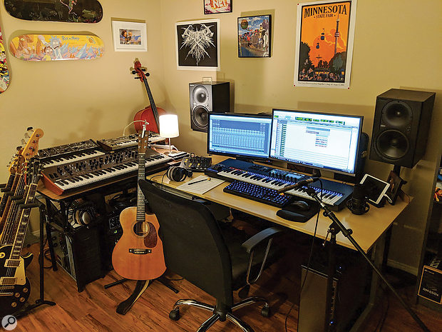 Like Rick's spaceship, Elder's recording space is pretty utilitarian, with a Native Instruments Komplete Kontrol S61 keyboard controller and screens for his Pro Tools 12 HD rig at the centre of the system.