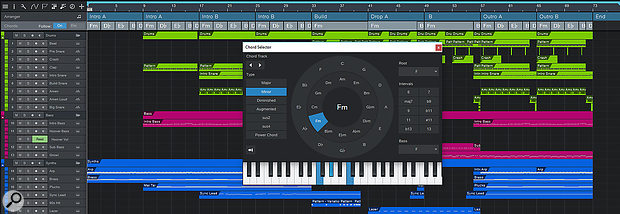 Create and edit chords in the Chord Wheel, and the harmonic content follows the Chord Track.