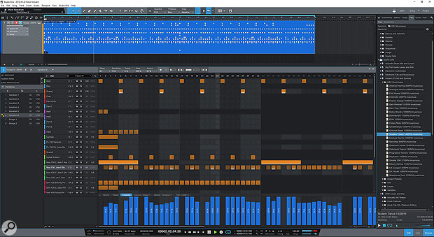 Percussive Patterns can feature different lengths and resolutions across multiple lanes, helping to create complex polyrhythms.