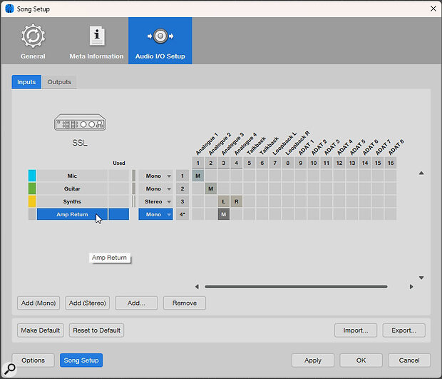 The Inputs tab of the Audio I/O Setup window. Here’s where you assign a physical input on your audio interface for capturing your re‑amped guitar sound.