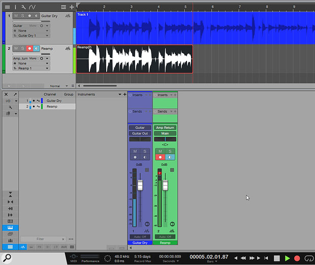 Recording the re‑amp. Here, the dry guitar signal has been assigned to the Guitar Out output, and a new mono audio track has been created, with its input set to Amp Return, in order to capture the re‑amped guitar sound.