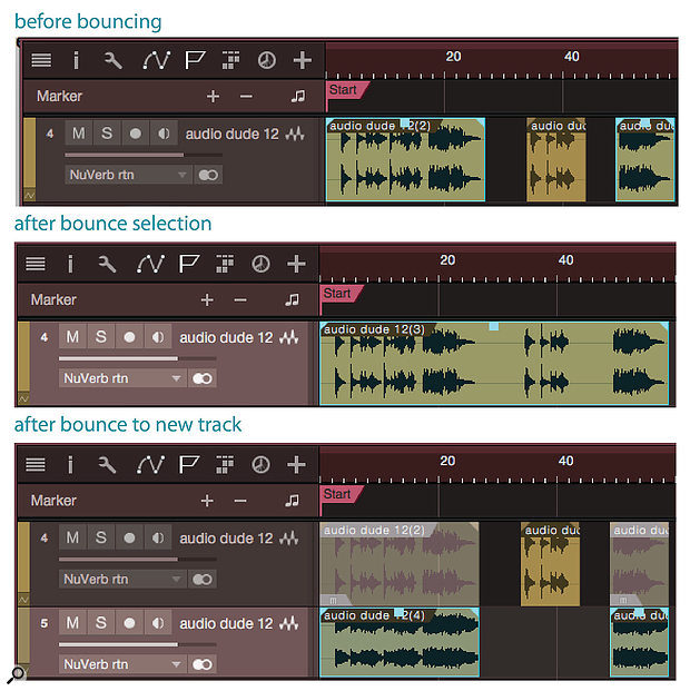 Screen 1: The top image shows two selected audio events in a track. Note the unselected event in the middle. When Bounce Selection is chosen, a new file is created that combines all events on the track in the range defined by the first to the last selected events. Bounce to New Track behaves quite differently. First, note that only selected events are bounced to the new track; events falling in between are ignored. Second, instead of replacing the selected source events, they are left in place, but muted when the bounce completes.