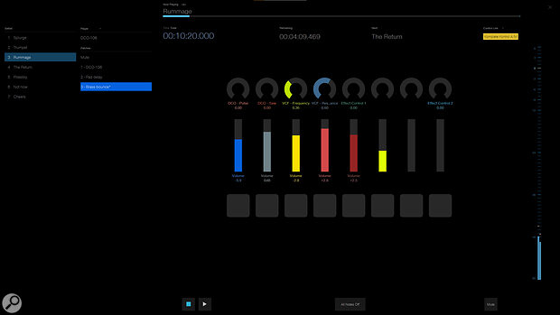 Hit the Perform button, and you’re ready to start your gig. The GUI changes to this high‑contrast view, and hides everything except your assigned controls and setlist.