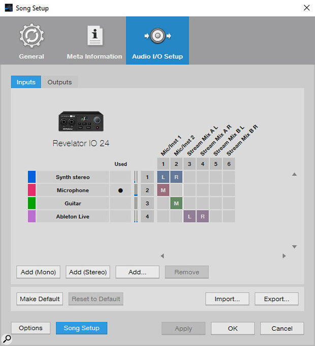 The Audio I/O setup window is where you create input and output tracks, and assign them to your audio interface’s physical I/O.