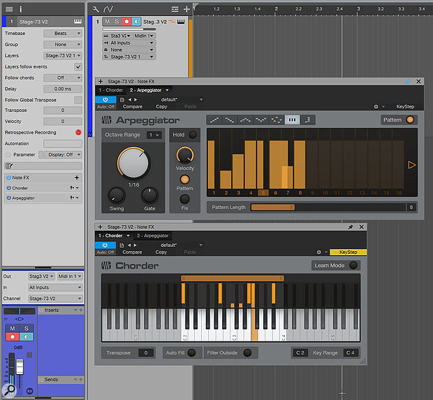 The Arpeggiator and Chorder Note FX are powerful on their own, but can also be put to work together to create arpeggiations from the automatically generated chords.