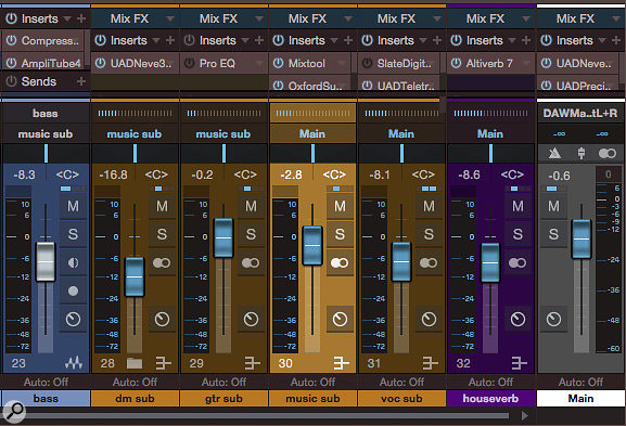 Screen 1. Bass, drums and guitars are all routed to a ‘music sub’ bus to be ducked by the vocal submix.