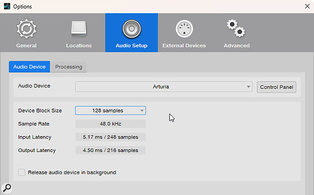 The Audio Setup screen is where you select your audio interface and Device Block Size, or buffer size. This will determine your ‘round‑trip’ latency.