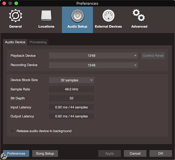 Screen 1: The Audio Device preferences pane. A nice, short, 32-sample buffer is in use here, yielding perfectly workable latencies of less than a millisecond.