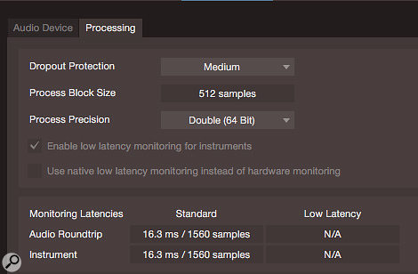 Screen 2: With a 512-sample buffer set for mixing, latency is too high to monitor while recording without either hardware monitoring or native low-latency monitoring. If you needed to add an overdub while mixing a session with lots of tracks and plug-ins, making the buffer smaller could result in glitching.