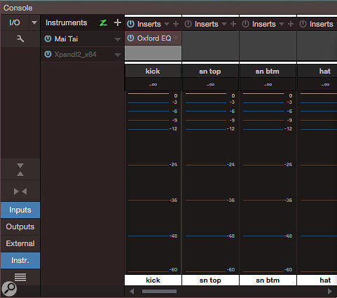 Screen 3: When using hardware monitoring, latency on the input is of no concern. Here, an EQ is inserted on the input channel, committing that EQ to the recording. When the mixer is in the integrated window, double-clicking the meter on the input channel makes inserts visible.