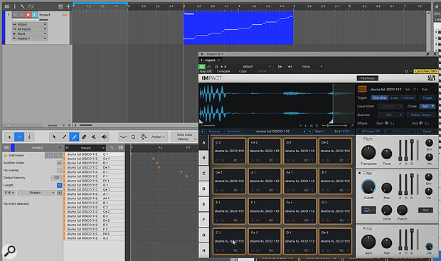 Loop slicing in Impact XT will automatically chop up a loop and place the slices onto individual pads. In the full version, but not the integrated Impact, you’ll also get a new MIDI part, which will trigger the pads in order to recreate the original loop.