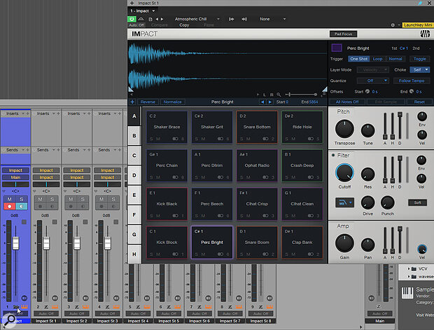 As of version 7, loading a new instance of Impact automatically creates an Instrument Bus, giving you all the routing flexibility you’ll ever need but with the ability to hide the instrument’s sub‑channels when not needed.