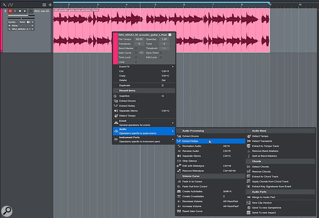 Extracting notes from an audio event is as simple as right‑clicking it and selecting Extract Notes from the Audio menu. The detected notes will be placed onto a new instrument track, with an instance of Mai Tai loaded up and ready to play them.