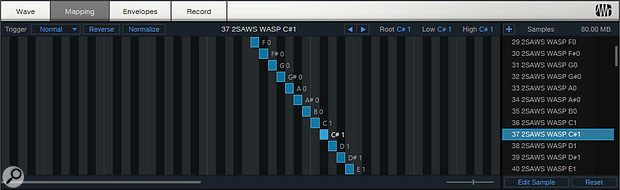 Samples can be mapped across the keyboard, either to create playable multisampled instruments or to split out drum kits.