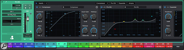 The Channel Overview can be opened using a dedicated button at the bottom right of the screen, or by double‑clicking a track header in the arrangement window, or a channel strip in the mixer console. By default, it appears along the bottom of your screen. For ‘native’ Studio Pro plug‑ins (like Pro EQ and Compressor), you get all the key controls plus graphical elements, so you can edit EQ and compression graphs directly within the Channel Overview.