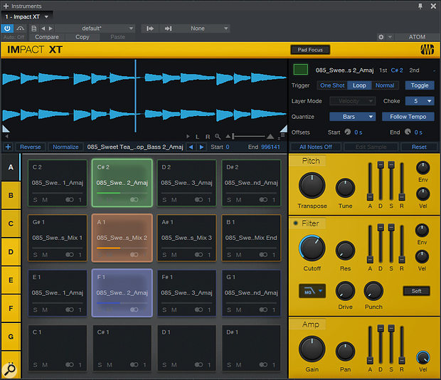 Most of the important controls for working with loops appear in the top right of the Impact XT panel. It's possible to change these settings for multiple pads simultaneously.