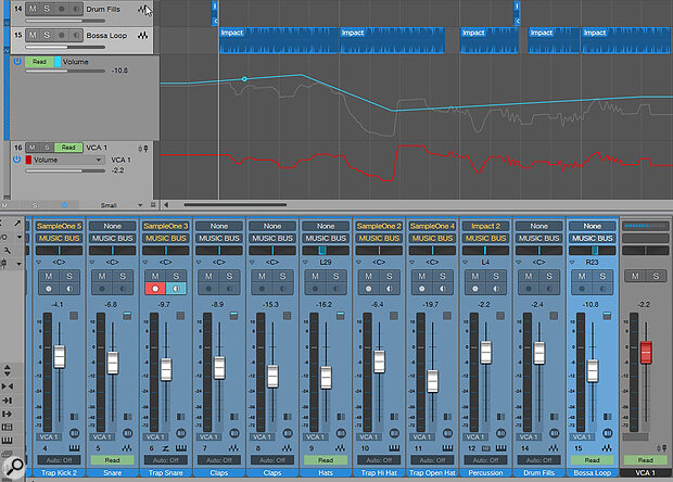 The blue line on the ‘Bossa Loop’ track is that track’s original automation. The VCA channel below it has its own automation, shown in red, and the combination of the two automation lines is shown in grey on the audio track. The blue line on the ‘Bossa Loop’ track is that track’s original automation. The VCA channel below it has its own automation, shown in red, and the combination of the two automation lines is shown in grey on the audio track.