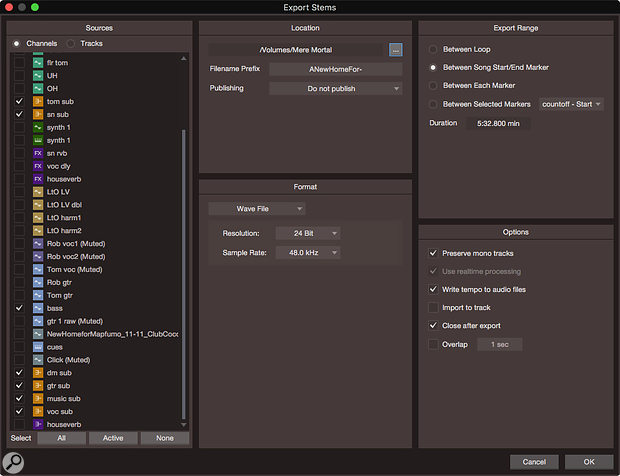 Screen 2: The Export Stems dialogue. I have deselected everything and then reselected my submixes (colour-coded orange), which will become my stem exports. Note the ‘music sub’ stem, a redundancy I do because that submix is ducked by the vocals.