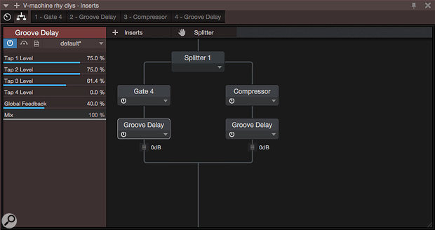 Screen 5: The two Groove Delays have different, interlocking rhythms. The gate and compressor thresholds are set so that both rhythms are heard most of the time, but one or the other drops out here and there.