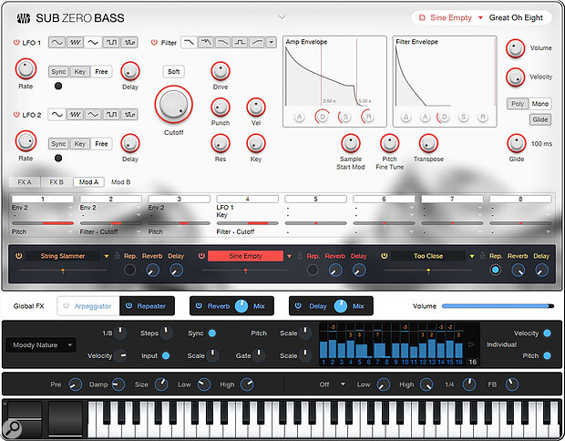 The modulation matrix is key to in‑depth editing of each layer. At the bottom of the GUI, the Repeater section has also been expanded to show its surprisingly powerful sequencing capabilities.