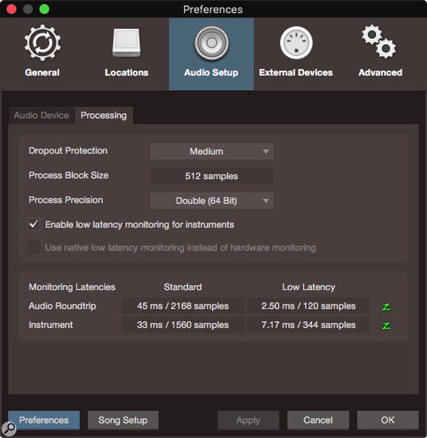 The new Processing tab in the Audio Setup preferences. Dropout Protection is set in the upper section of the tab, while monitoring latencies for audio and instrument tracks are displayed in the bottom half.