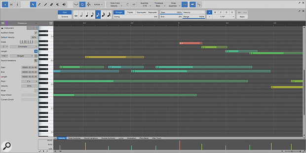 An unquantised MIDI part. Note how the note starts don’t quite land on the grid.