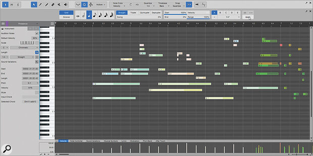 The same part, but quantised (and zoomed out). The note starts have been forced to the grid, which has been set to quarter notes (the highlighted crotchet icon).