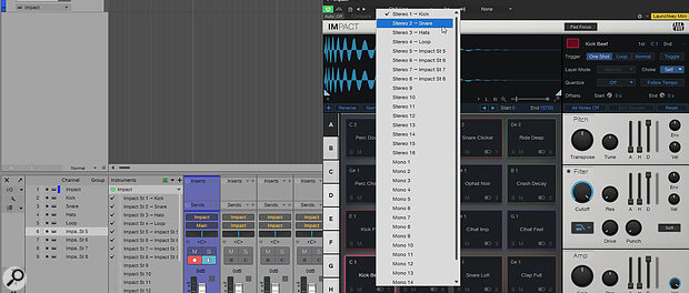By default, in the latest version of Studio One, when you load an instance of Impact XT, only its main output will appear in the Console. To see the other potential outputs, open the Instrument Rack in the Console sidebar.