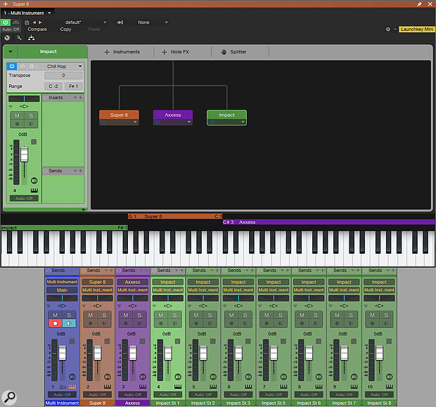 The Multi Instrument plug‑in lets you load multiple virtual instruments and create splits and layers. However, it won’t show individual outputs for Impact XT unless those outputs are enabled in the Impact preset.