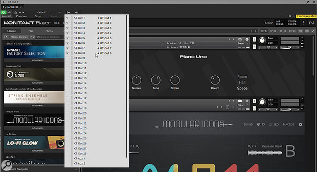 To see the individual outputs in Kontakt, you must switch it to Classic view. To enable outputs, click on the Output Port Setup button in the plug‑in header at the top.