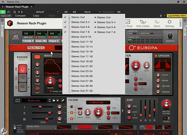 Enabling outputs for the Reason Rack works much as it does for Kontakt. With outputs enabled, turning off the To Main button for a channel at the top of the GUI will automatically route it to a channel in the Console.