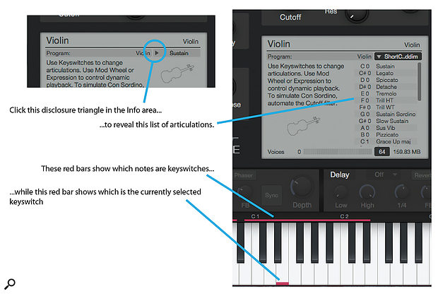 To see the articulations available for a particular instrument, either click the disclosure triangle in the Info area or hover over a keyswitch key until the tool tip pops up.