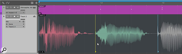 Here, the yellow Bend Marker has been moved to the right, stretching the audio before it and squeezing the audio after. The waveform turns red or green to show that it’s been stretched/squeezed.