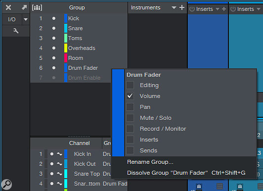 The Drum Fader group links only volume and no other parameters.