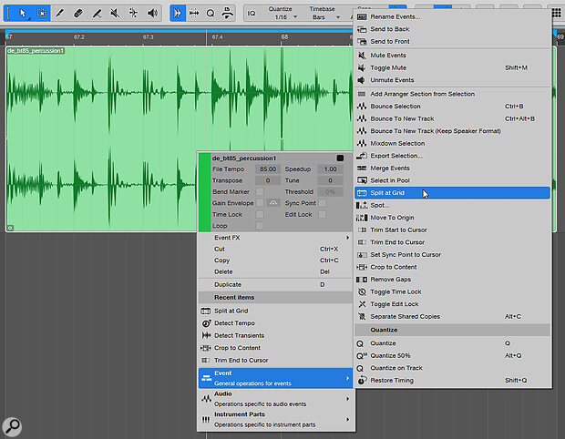 Once you’ve identified a one‑bar section of your sample, you can use the Split At Grid command to split it up into equal measures, according to your grid’s resolution.