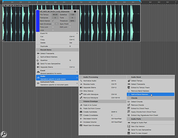 If your sample has a bit too much swing, or isn’t conforming to your grid, you can have Studio One identify transients and place bend markers, which you can then use to split your loops.