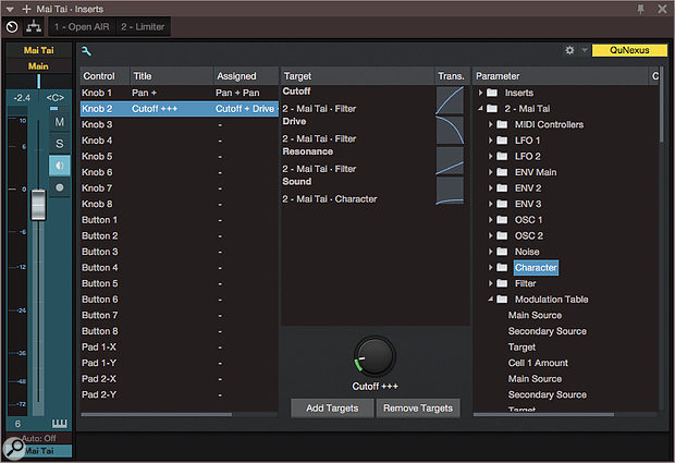 The macro control editor lets you map a macro control to pretty much any combination of parameters from a list that is comprehensive for the instrument. Not only is each source scalable, but the scaling can be a user-defined curve covering a user-defined range. Control Link enables a macro control to be operated from a physical control.