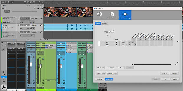 The Audio I/O Setup window is where you assign the physical inputs on your interface to the voice tracks in your Studio One template.