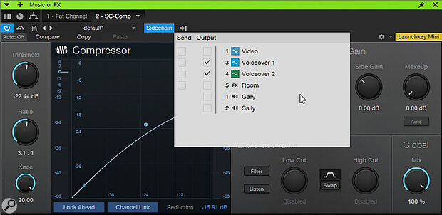The music channel in the podcasting template comes pre‑loaded with a side‑chain compressor. By assigning your vocal tracks to the side‑chain input, you can have the music automatically duck down in level when someone is talking.