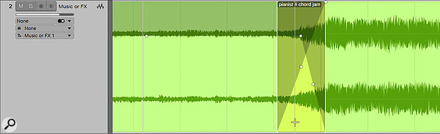 An alternative to automatically ducking the music track is to prepare the podcast’s structure in advance, by raising and lowering the music level at predetermined points in the recording. You can do this by crossfading between high‑gain and low‑gain snippets of the audio file.