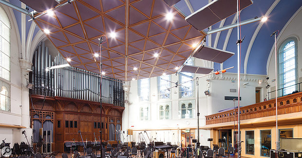 The spaceship–like cloud panel used to control the acoustics adds a  space–age touch to the Victorian surroundings of the AIR Lyndhurst hall.