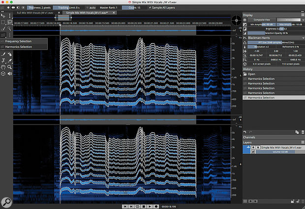 SLP6 includes a range of powerful selection tools including the Harmonics Selection tool used here to select a vocal melody from within a  stereo mix.