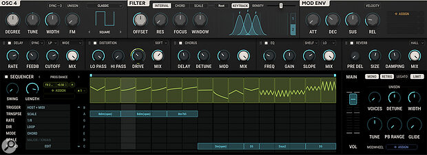 The Advanced section containing the effects and sequencer functions can be popped open as an additional panel at the bottom of the UI.