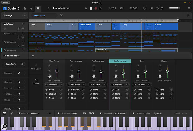 The new Arrange page allows you to transform chord sequences into multitrack performances.