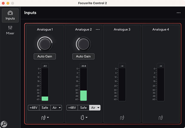 The new preamp design allows gain, phantom power and other options to be set within the Focusrite Control software. It’s also possible to trigger the new Auto Gain function here.