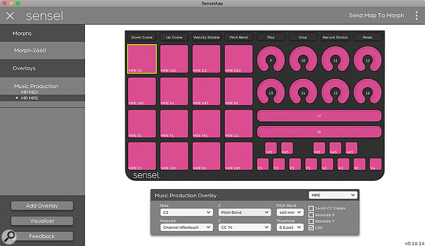 The Sensel application showing the configuration panel for the Morph’s Music Production overlay.